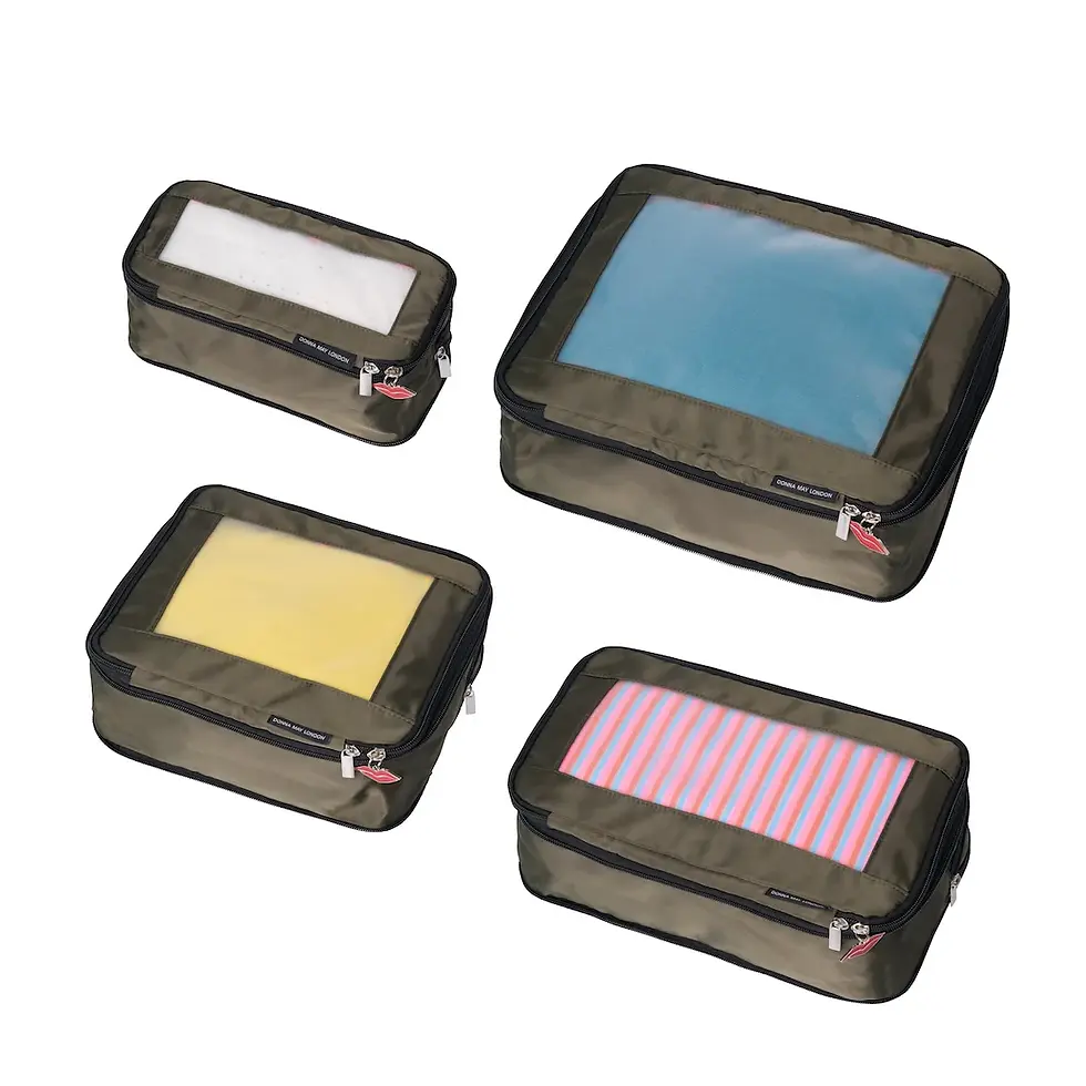 Thumbnail: Set of 4 khaki packing cubes with animal print interior by Donna May