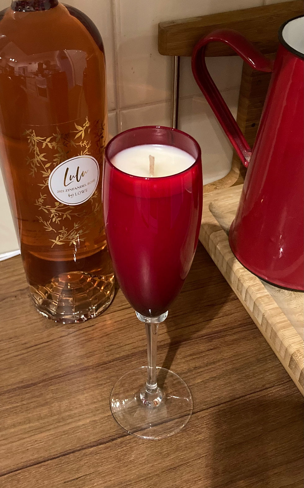 Thumbnail: Ruby red champagne flute with Soy Candle 