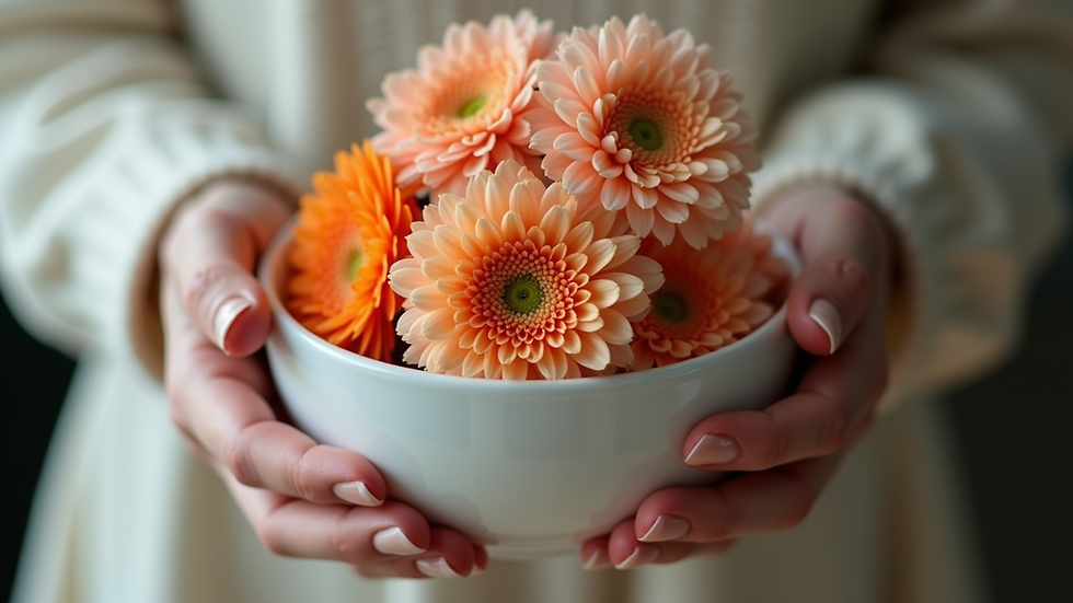 Close-up view of a woman’s hands holding a bowl of fresh flowers