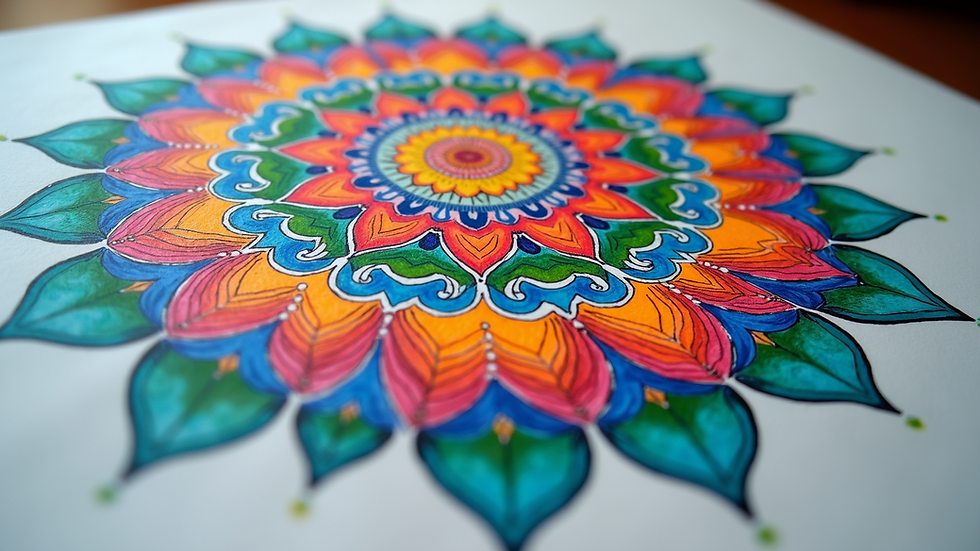 Eye-level view of a hand-drawn mandala with vibrant colors and symmetrical design