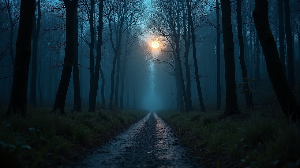 Eye-level view of a moonlit forest path symbolizing natural cycles