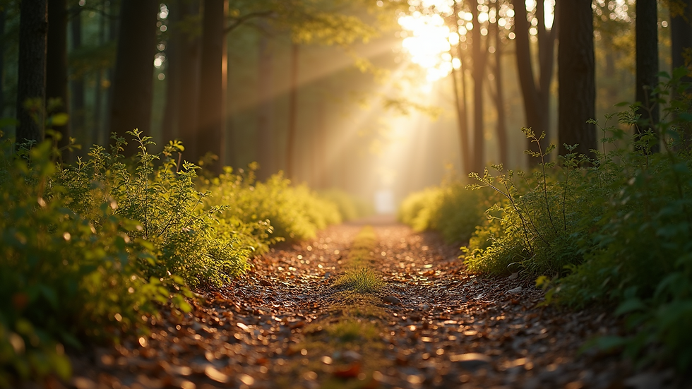 Eye-level view of a quiet forest path bathed in morning light
