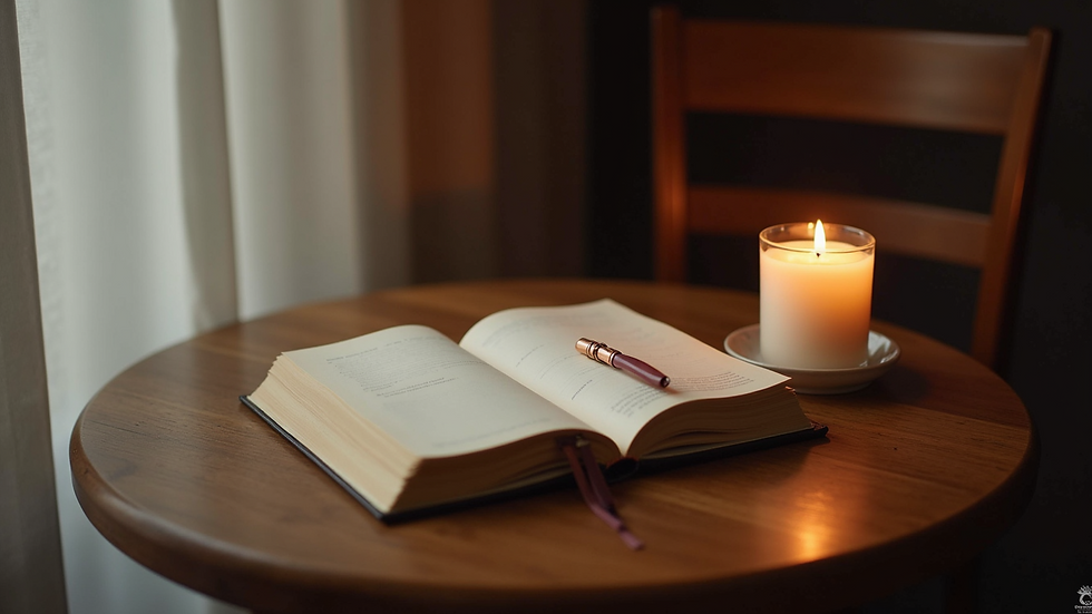 High angle view of a woman’s journal and candle on a wooden table