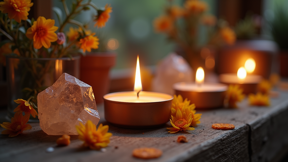 Close-up view of a candle burning on a small altar with crystals and flowers