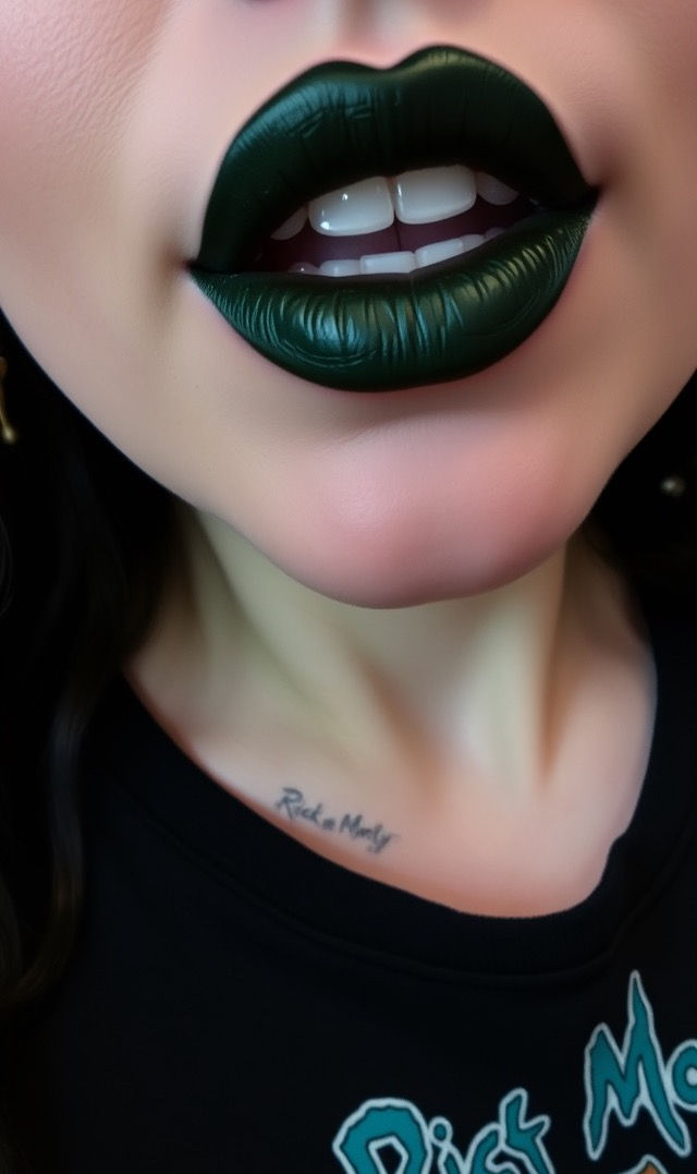 Close-up of a person with green lipstick and bold eye makeup, wearing a black shirt with a Rick cartoon print. Background is patterned.