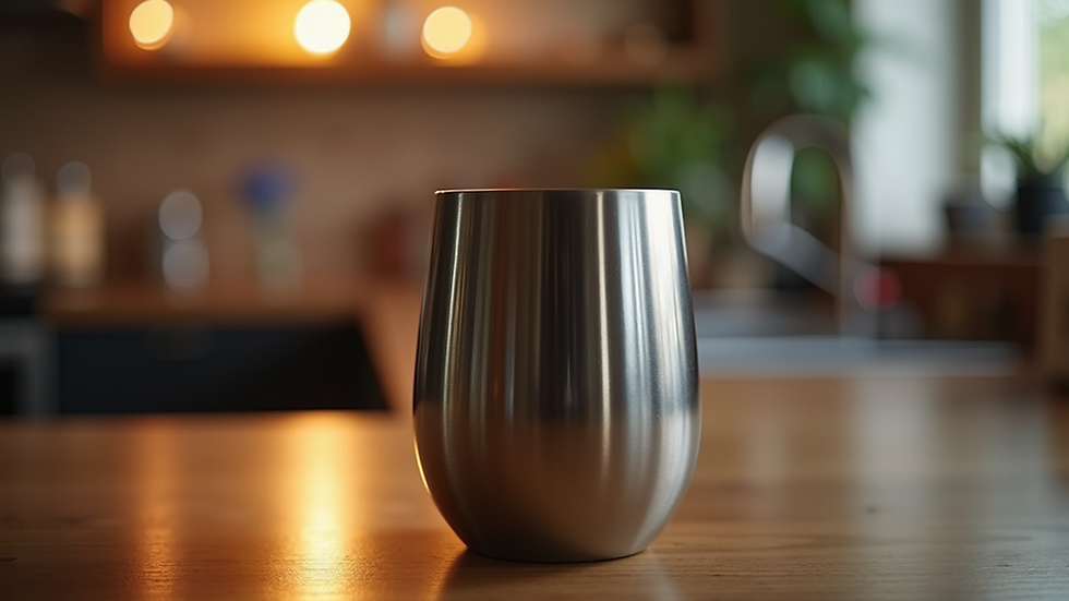 Close-up view of a stylish stainless steel wine tumbler