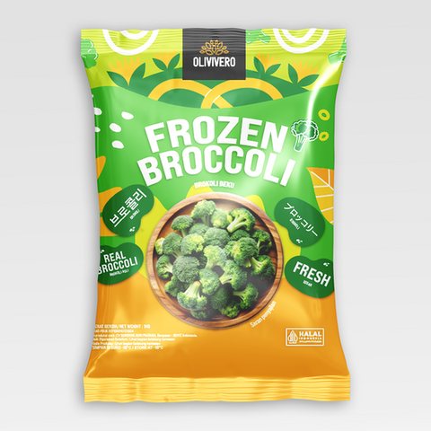 Kemasan IQF Brokoli Oliviero dengan brokoli hijau beku segar siap masak