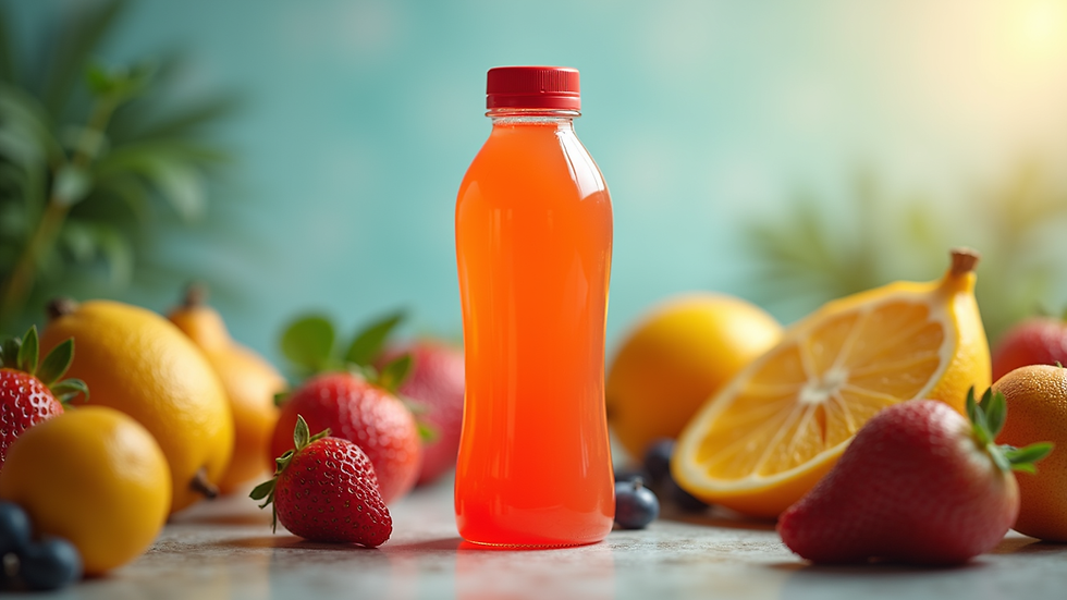 Eye-level view of a sports drink bottle surrounded by fresh fruits