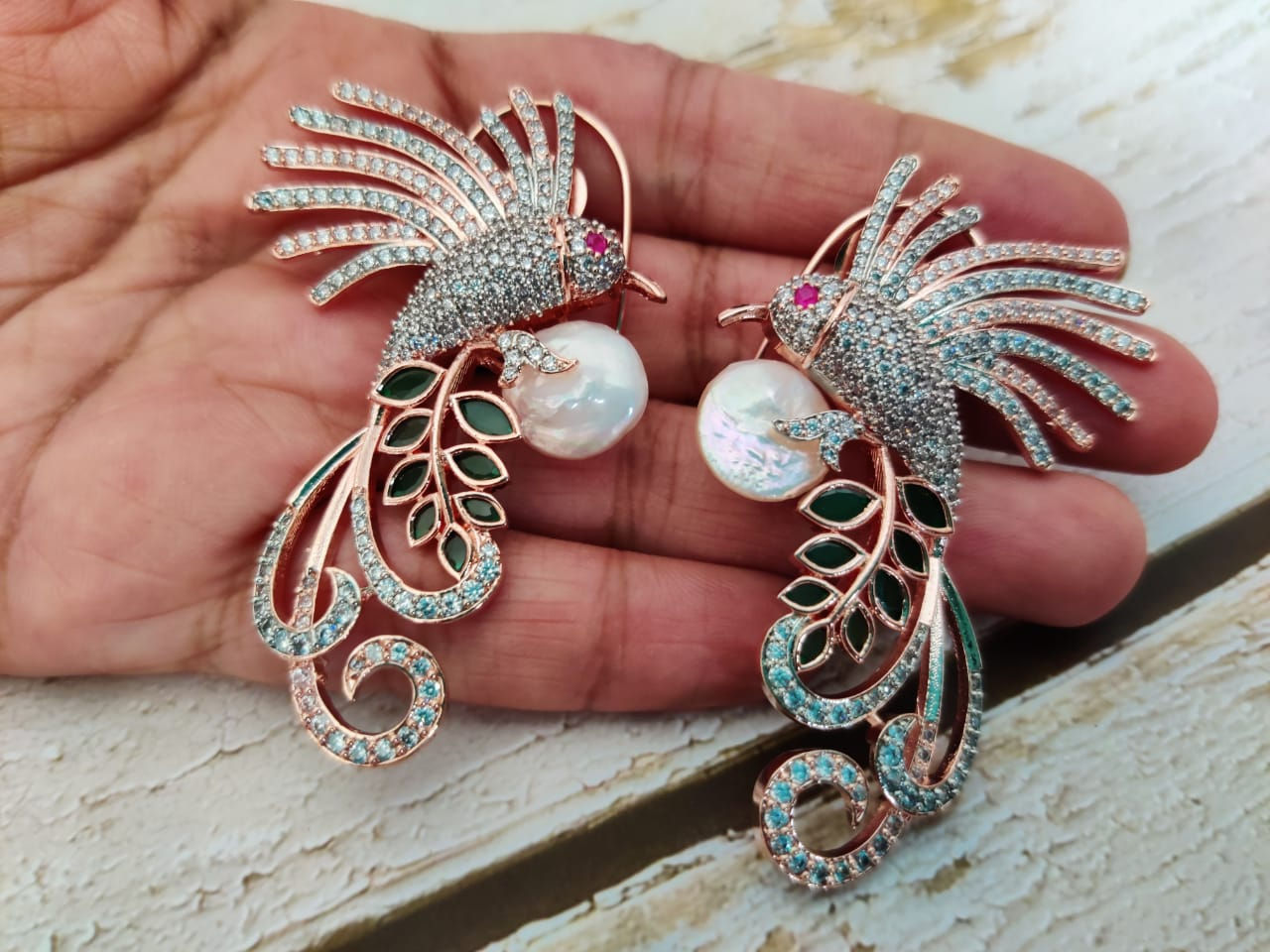 Green Stone Designer Bird Earrings (Black-Rose Polish) 