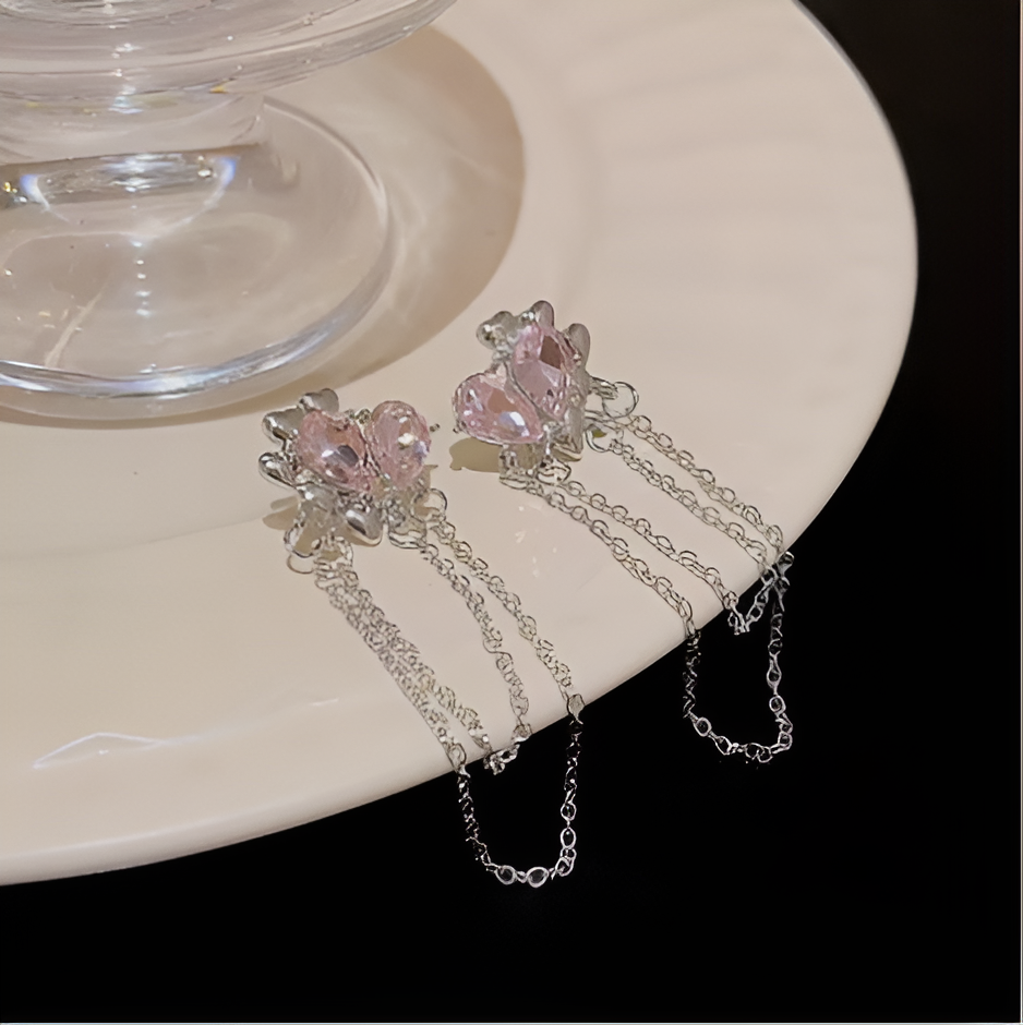 Thumbnail: Pink Korean Heart Chain Tassel Earrings