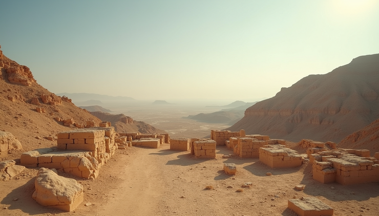 Eye-level view of ancient Middle Eastern landscape with rolling hills and scattered ruins