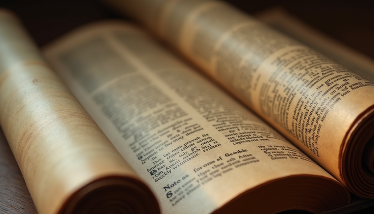 Eye-level view of an ancient scroll open to Gospel text