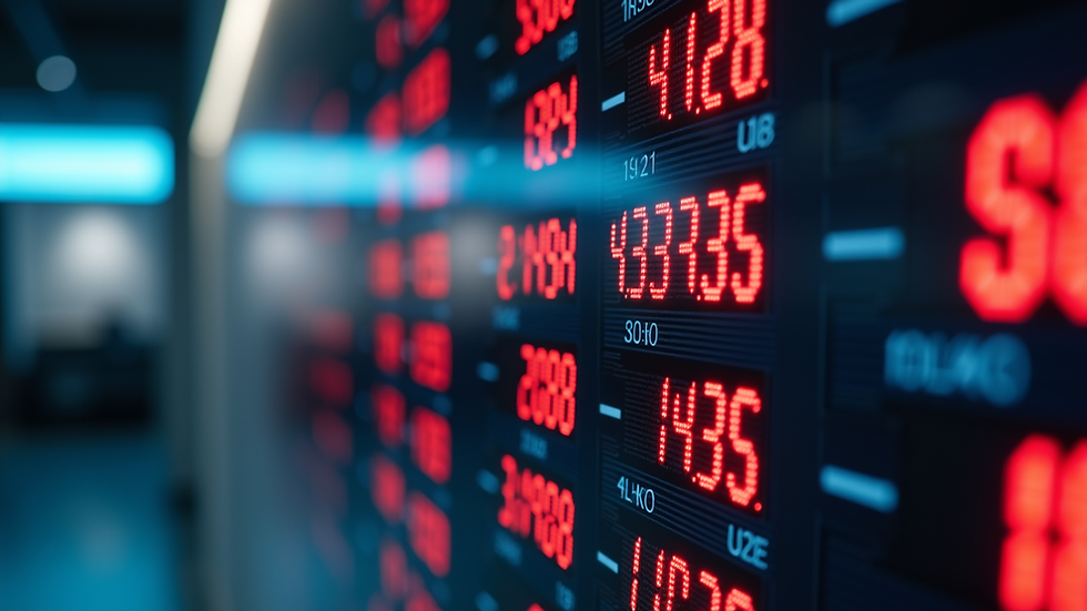 Eye-level view of a digital pricing board displaying fluctuating prices