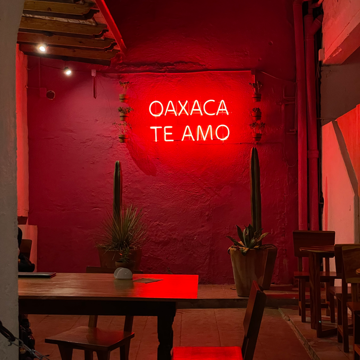 A neon red sign on a wall of a restaurant in Oaxaca de Juarez, México, says "Oaxaca Te Amo" (I love you Oaxaca) for its visitors and tourists to see