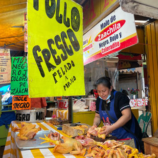 A woman butcher prepares chicken for mole in a Oaxacan Market