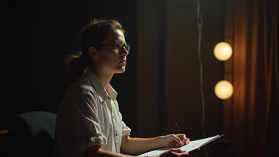 Close-up view of a theatre workshop in progress with a single actor practicing lines