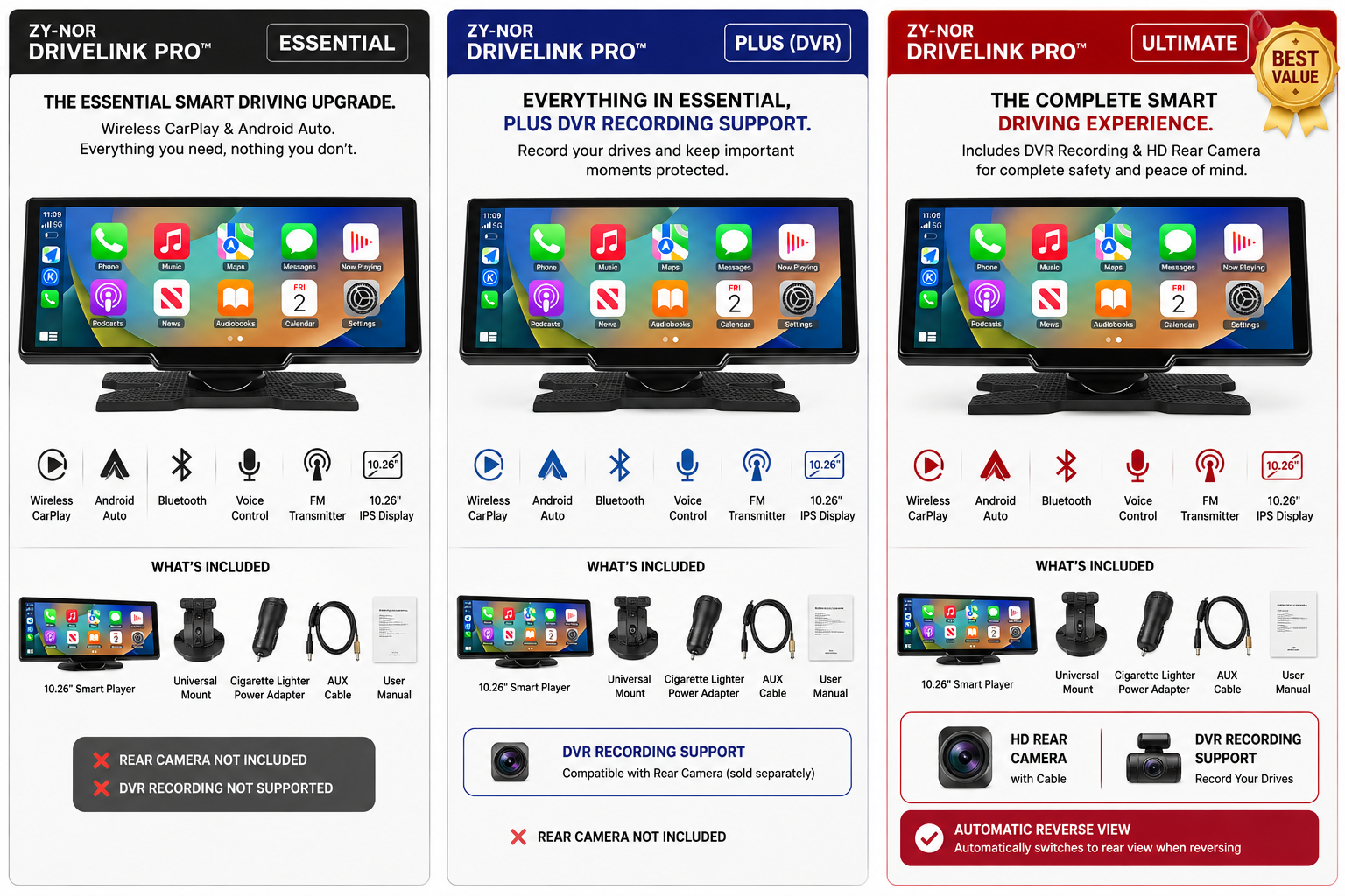 ZY-NOR DriveLink Pro™ – 10.26" Portable Wireless Apple CarPlay & Android Auto