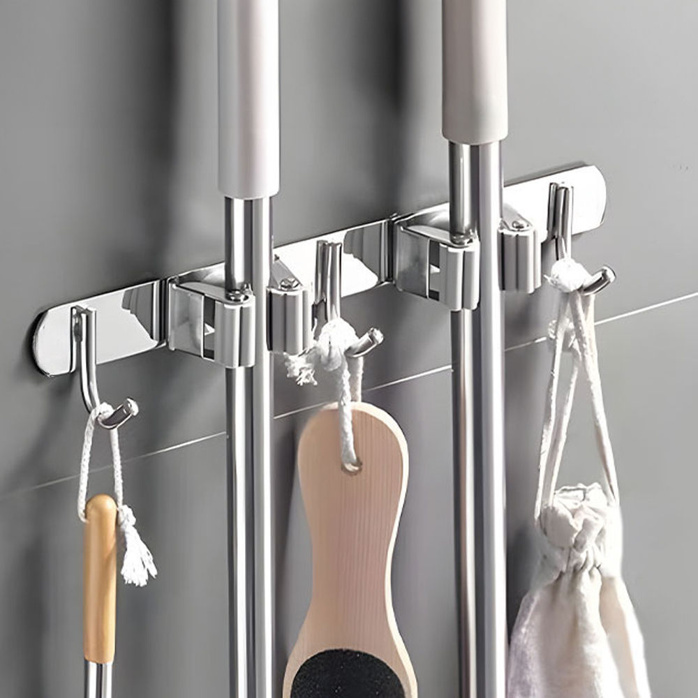 不鏽鋼壁掛2夾3鉤拖把架 (拖把夾 抹布掛勾 掃把架)