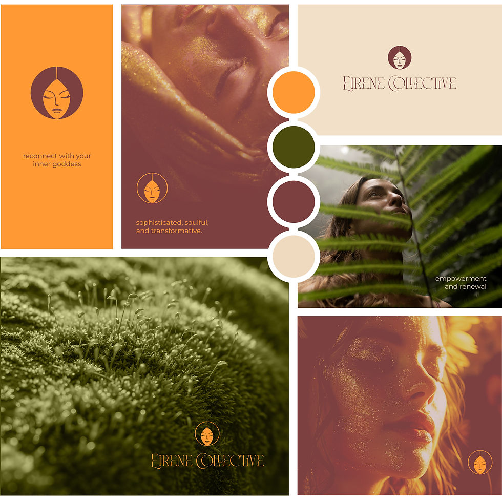 Brand moodboard for Eirene Collective luxury women's wellness retreat earthy tones, sacred feminine aesthetic, editorial