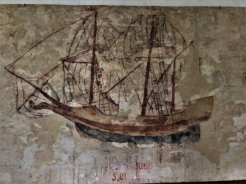 Inside the church are many drawings of ships, Askø