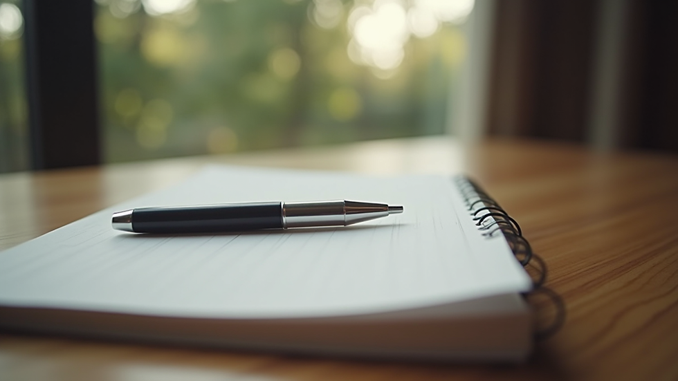 Mesa com notebook e caderno aberto para anotações de briefing