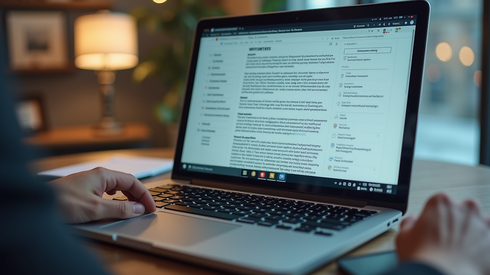 Eye-level view of a laptop screen showing a digital briefing document