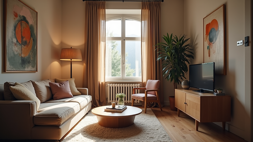 Eye-level view of a cozy Swiss living room ready for a consultation