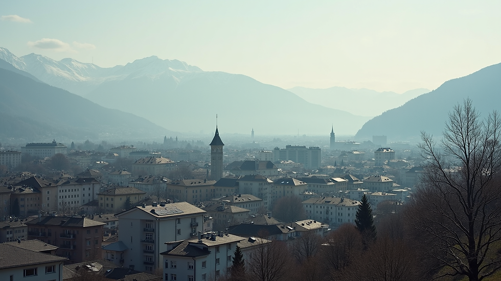 High angle view of a Swiss cityscape with residential buildings and mountains in the background