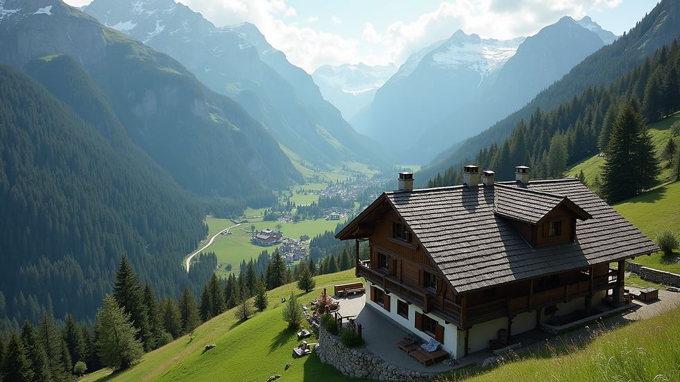 High angle view of a Swiss chalet surrounded by mountains