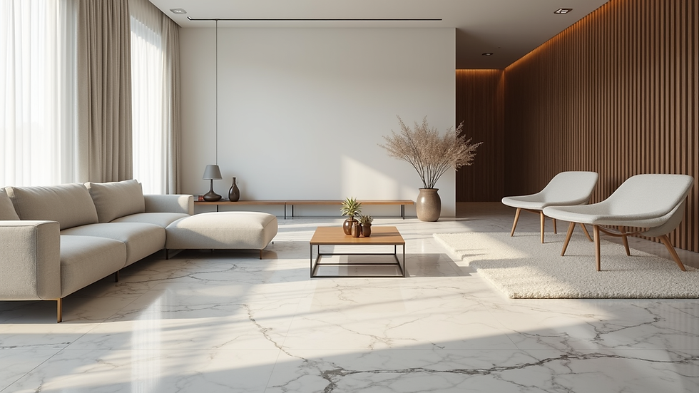 Eye-level view of a spacious living room with marble flooring and minimalist furniture