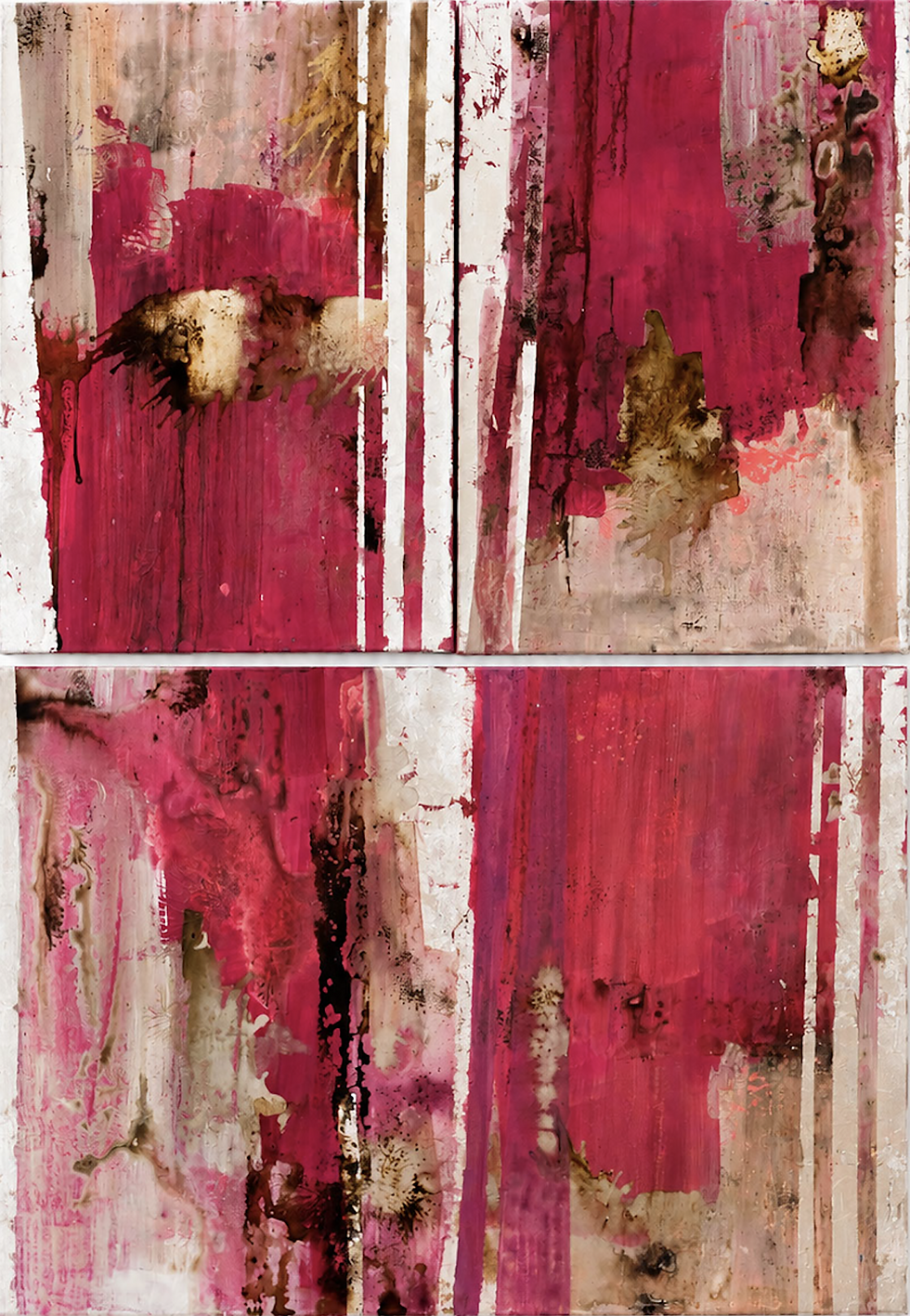 Rouge, técnica mixta sobre lienzo, tríptico, 2026, 65 × 46 cm. _ 65 × 46 cm. _ 65 × 92 cm. c_u, 130 x 92 cm.