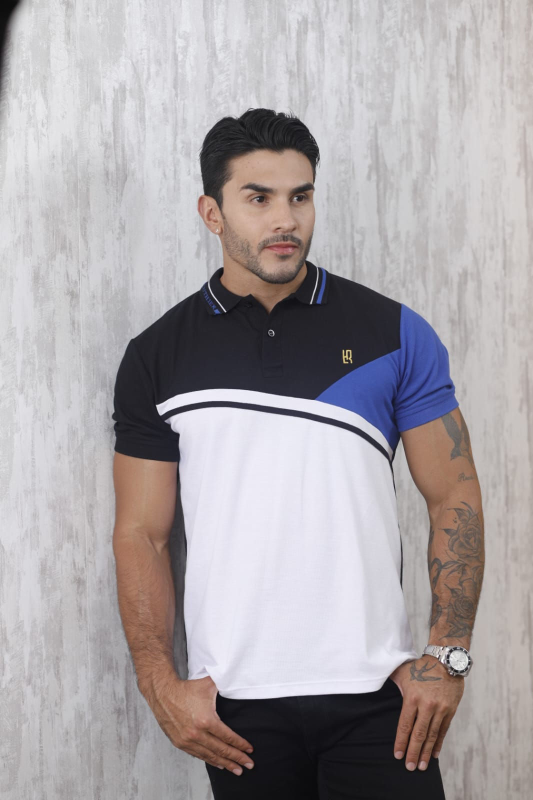 384 075b Polo Combinada Negro Rey Blanco