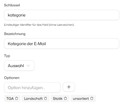 Output-Schema im DeutschlandGPT-Workflow-Builder mit vier festen E-Mail-Kategorien