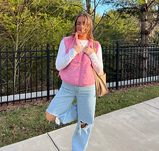 Mady Vivian in pink winter outfit shopping