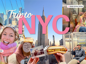 Collage of new york city photos, photos of couple on subway, a photo of the empire state building, and a selfie of a couple on the brooklyn bridge