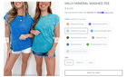 Website screenshot from Whiskey Darling boutique showing tshirt photos, colors, and sizing.