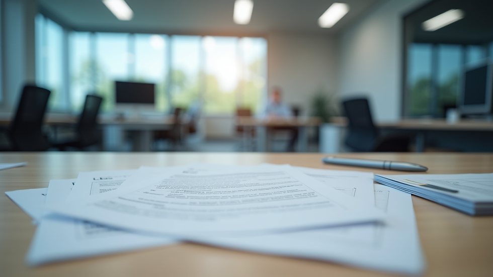 Eye-level view of a modern office with safety and compliance documents on the desk