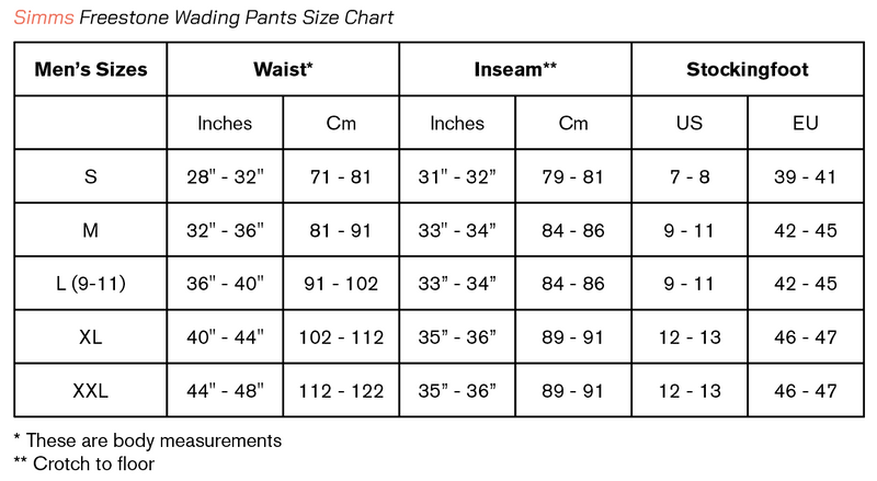 Miniaturbild: Größentabelle für die Simms Freestone Pant Smoke Hüftwathose bei T&G Flyfishing: Übersicht der Maße für Taille, Schrittlänge