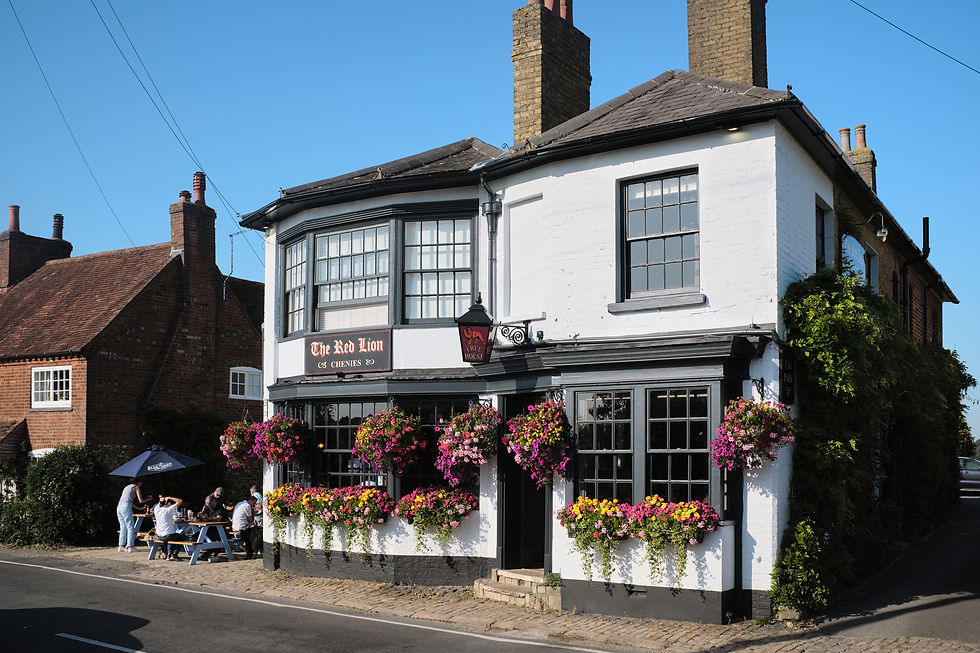 The Red Lion pub outside decor, showing hanging baskets with colourful flowers.