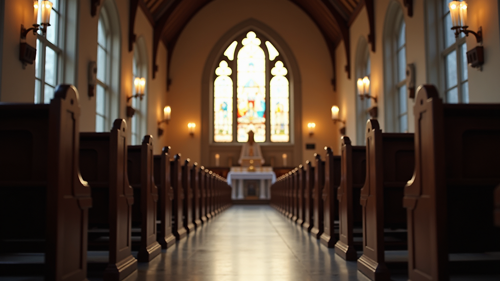 Eye-level view of a serene church interior with stained glass windows