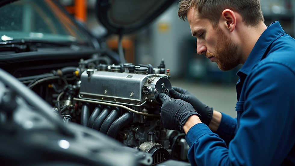 Close-up view of a technician repairing a small engine in a workshop
