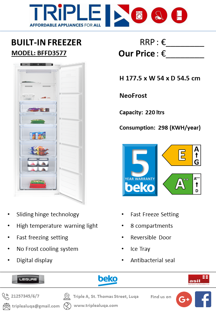 BEKO BFFD3577 Integrated Tall Freezer White, Sliding Hinge atelier