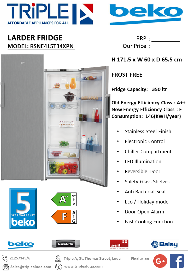 Thumbnail: Beko Larder Fridge No Frost Vacation Mode Stainless Steel 171cm