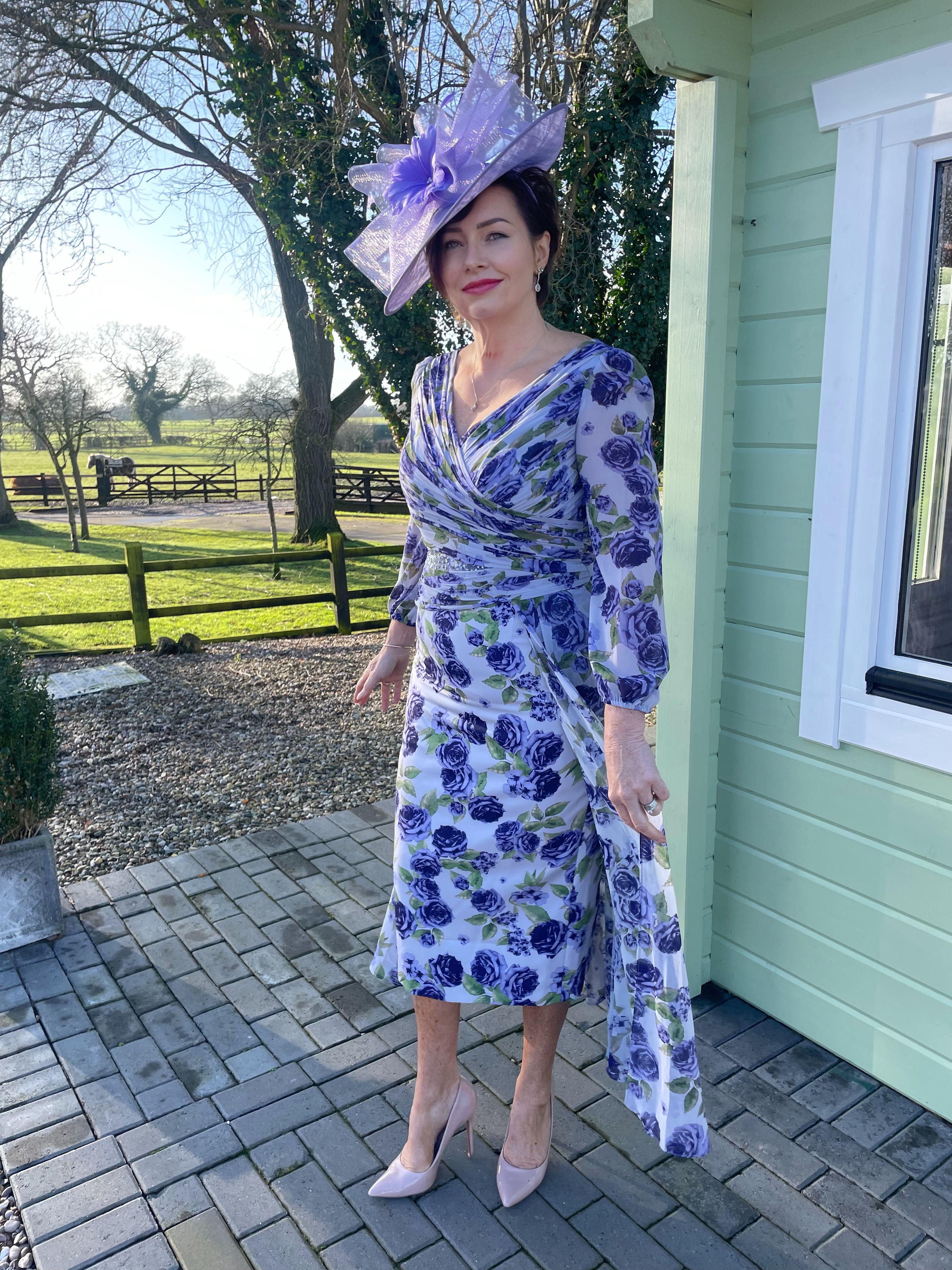 Veromia Violet Floral Dress with diamanté embellishment and cape