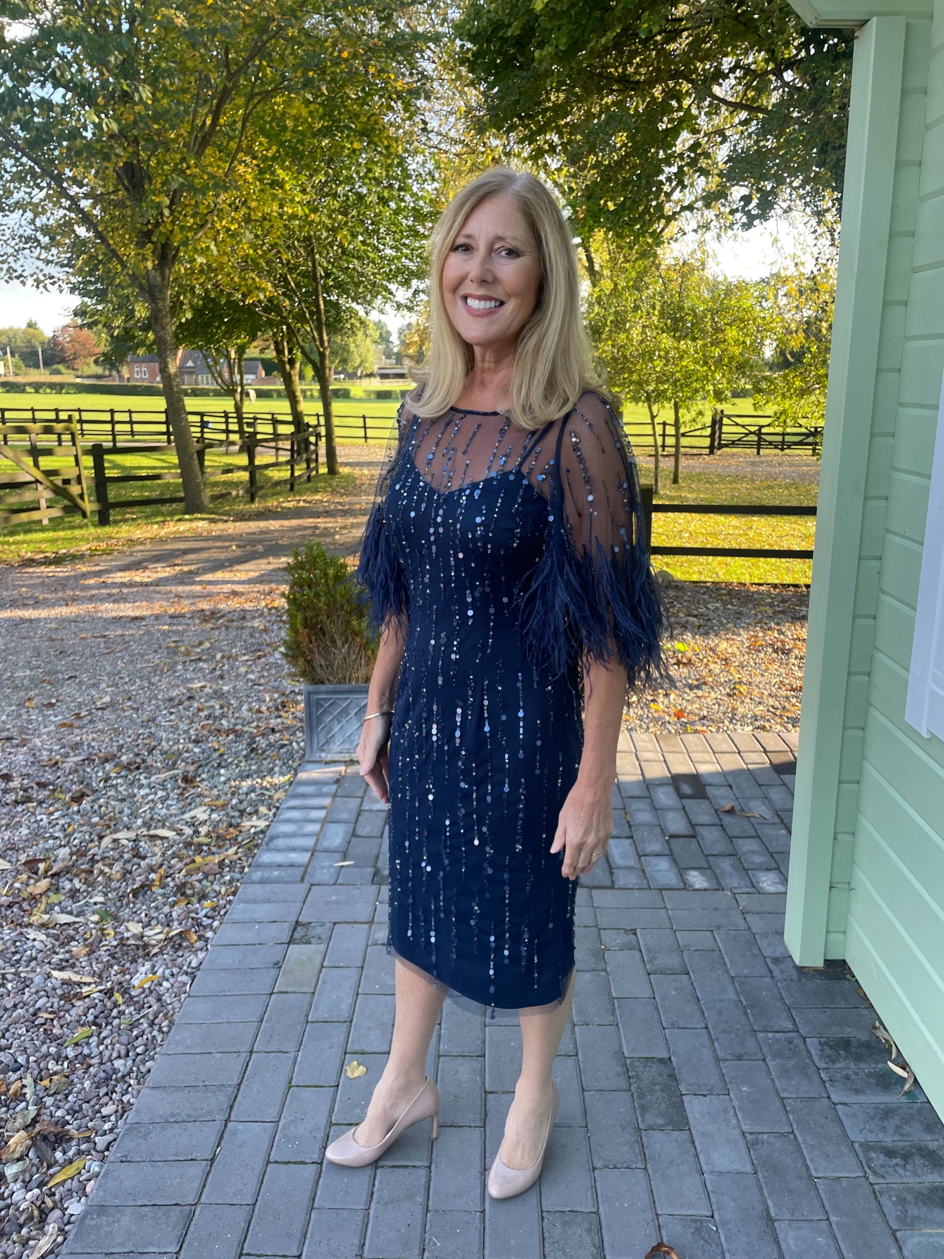 Veni Infantino Navy Sparkle and Feather cape dress