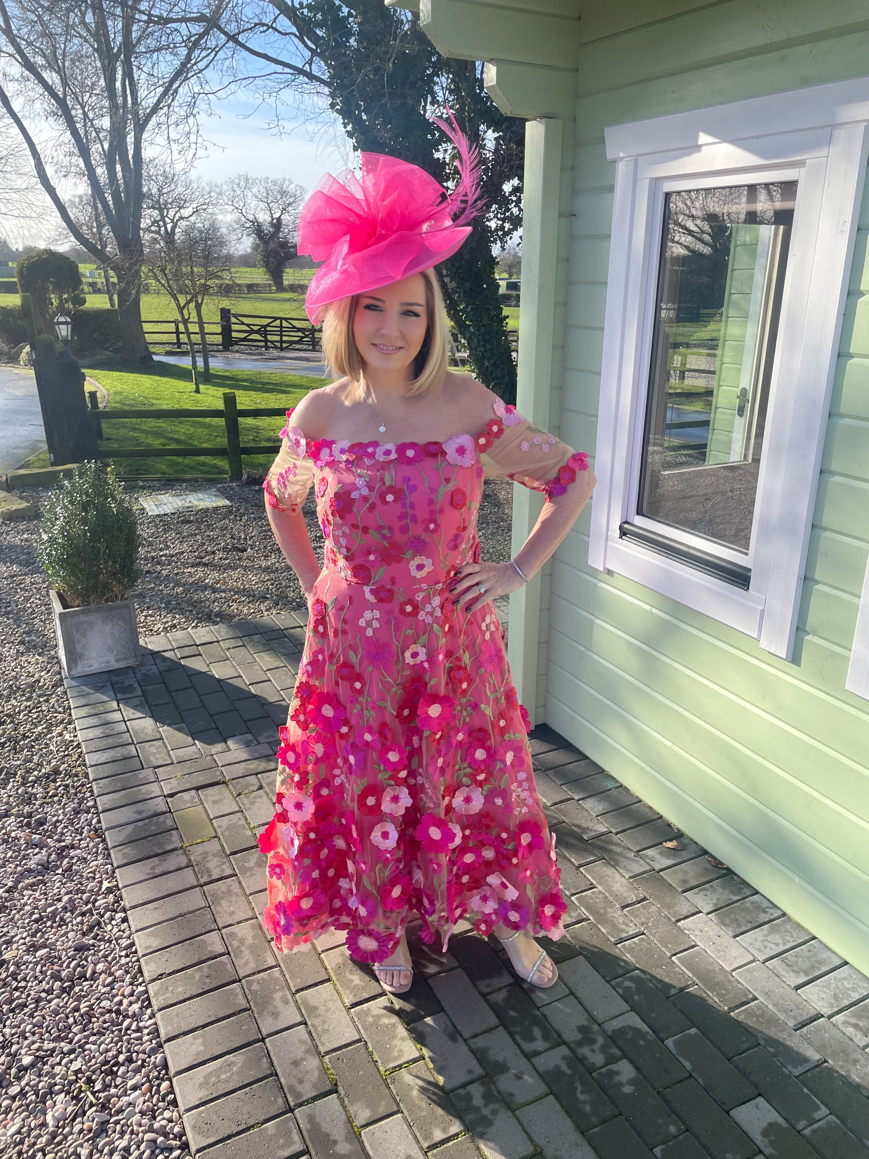 Pink 3D floral appliqué dress