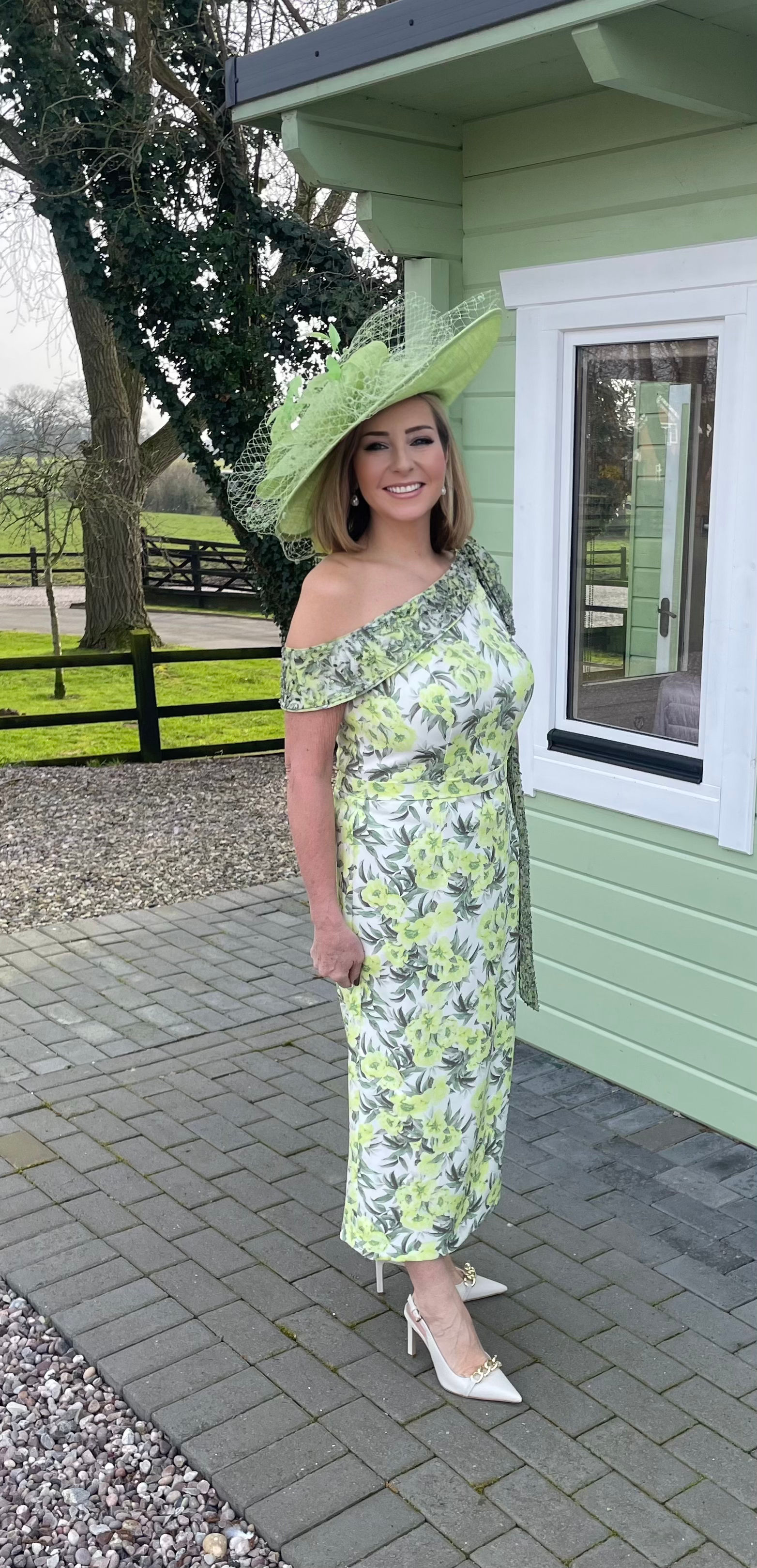 Veromia Lime Off shoulder sparkle floral dress