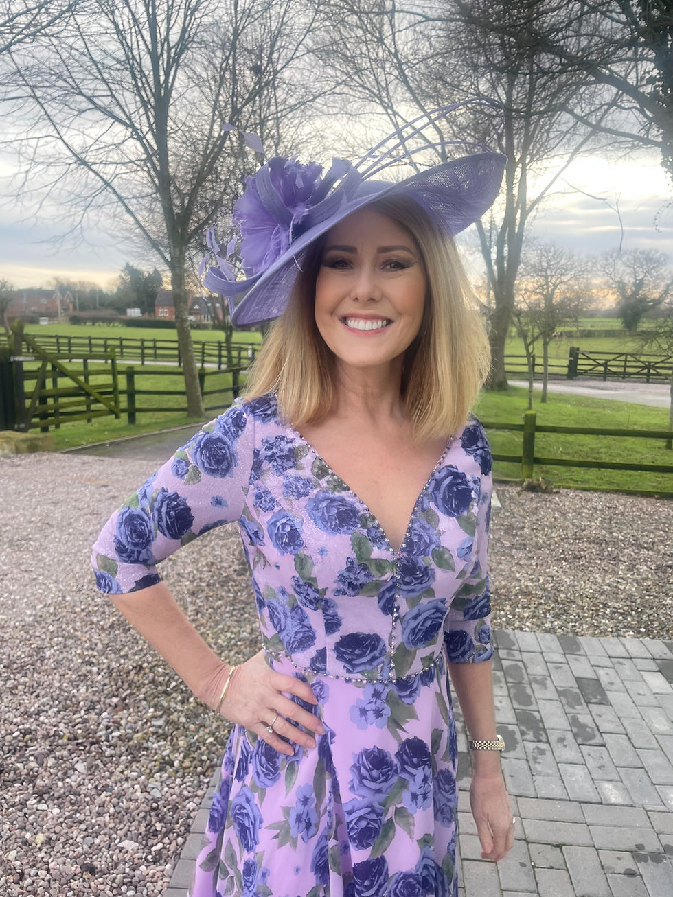 Thumbnail: Veromia Lilac floral sparkle bodice dress with  floaty handkerchief hemline