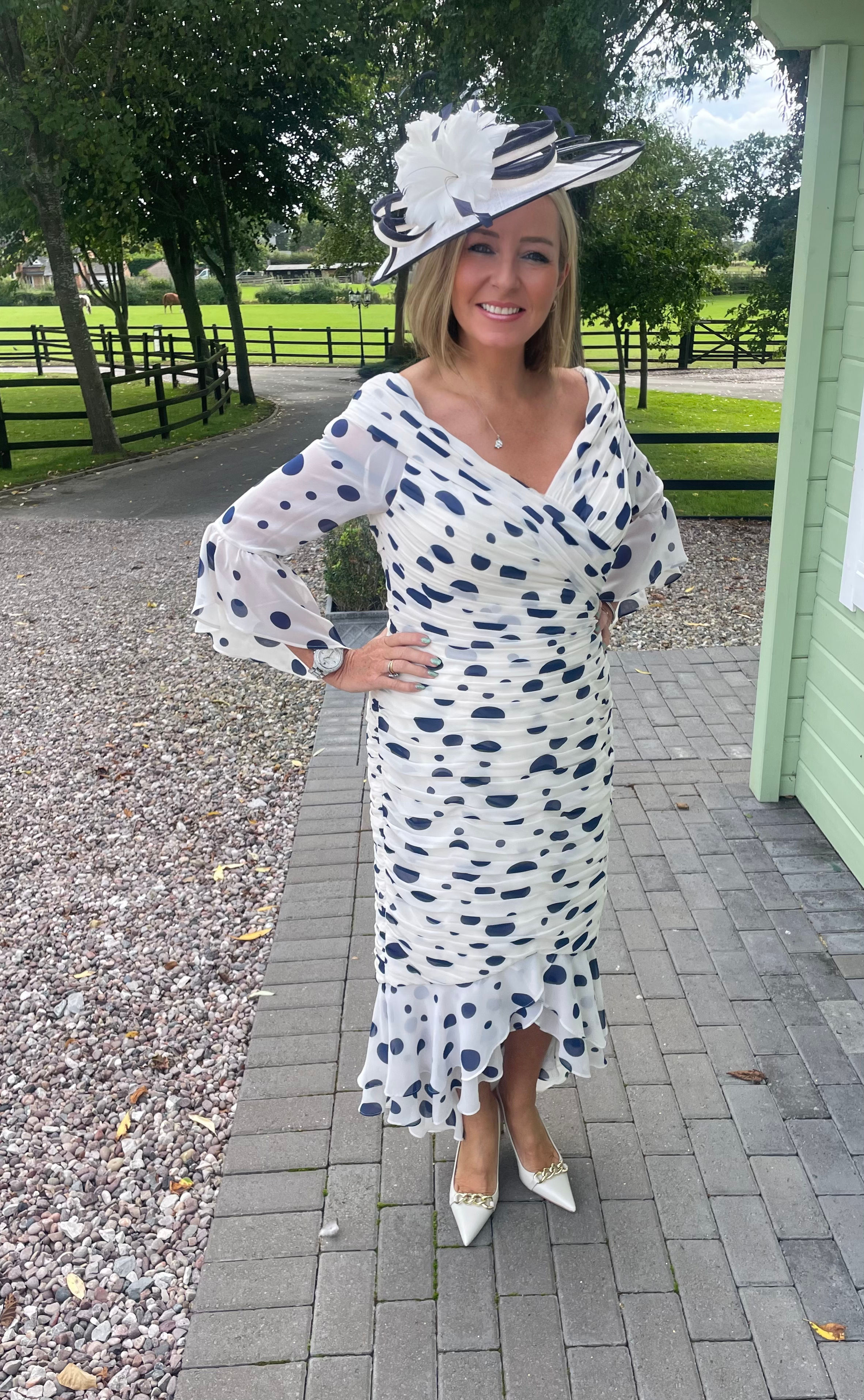 Irresistible Ivory/Navy Polka Dot Riched Dress