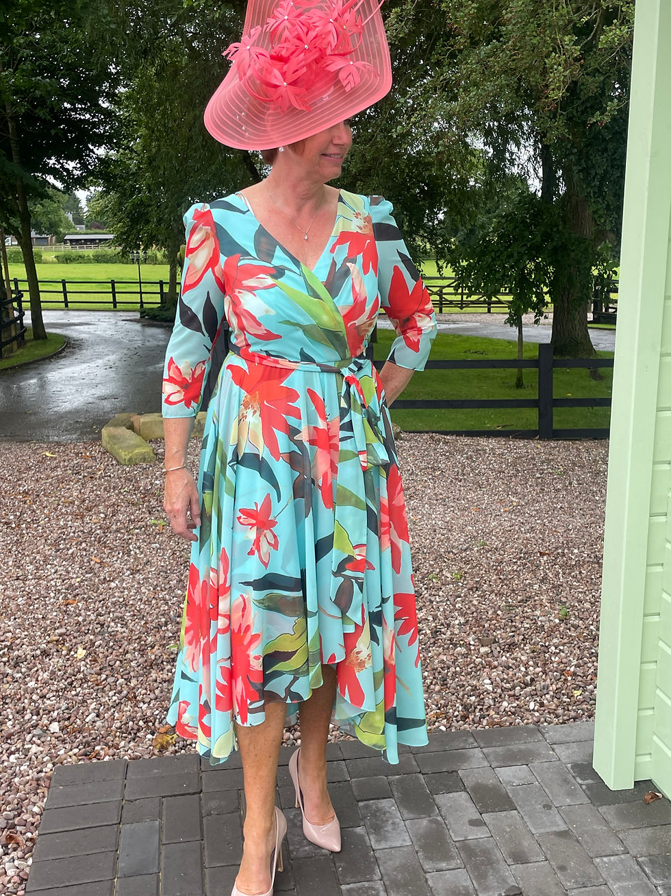 Thumbnail: Invitations by Veni Turquoise/Coral and Green Chiffon Dress with Dipped Hemline